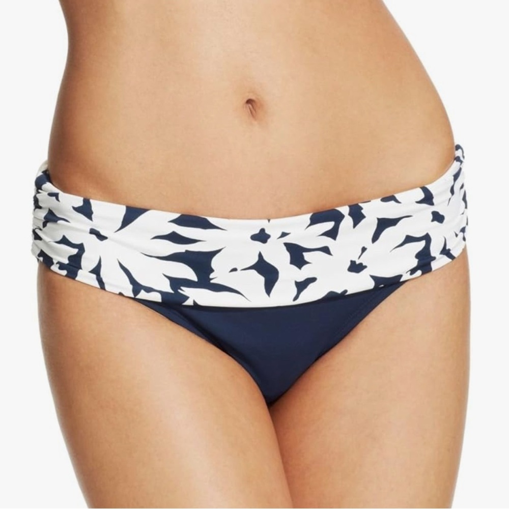 Women’s Anne Cole XL Navy & White Floral Trim Fold Over Swim Bikini Bottom NWT